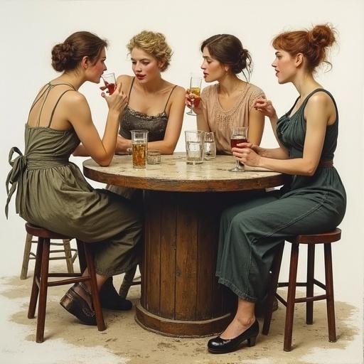 A gathering of four women in a vintage tavern setting. They are enjoying drinks and amusing each other. The scene has a shabby yet charming atmosphere. Full body view of the women in stylish 1920s attire. White background enhances the focus on the subjects. Highly detailed with a playful mood.