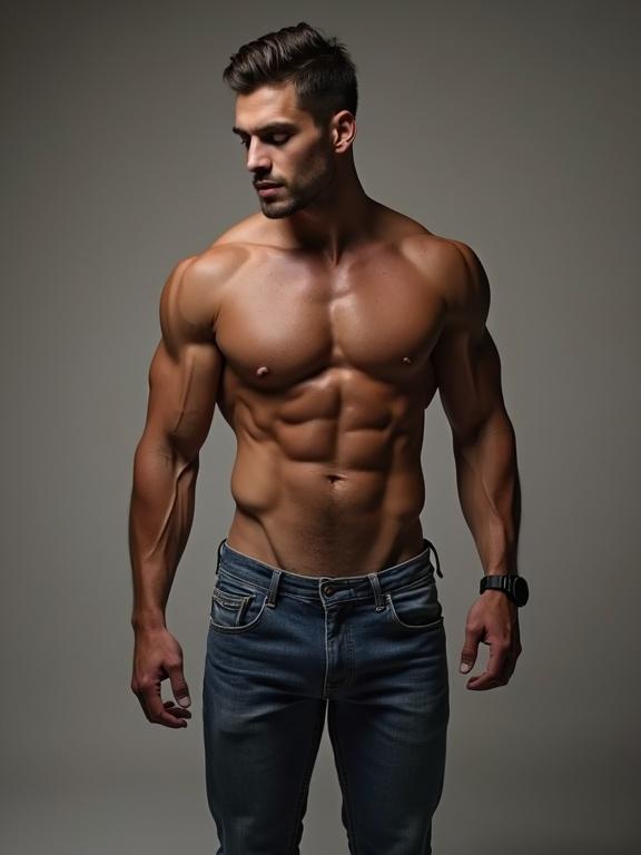 A muscular man poses topless wearing jeans. He has a lean and shredded physique. The style is realistic.