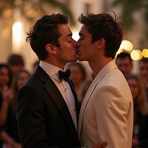 Two men kissing in a romantic setting during an event. One man wears a black tuxedo and the other a white suit. Warm lights in the background enhance the atmosphere. A captivated audience views the moment.