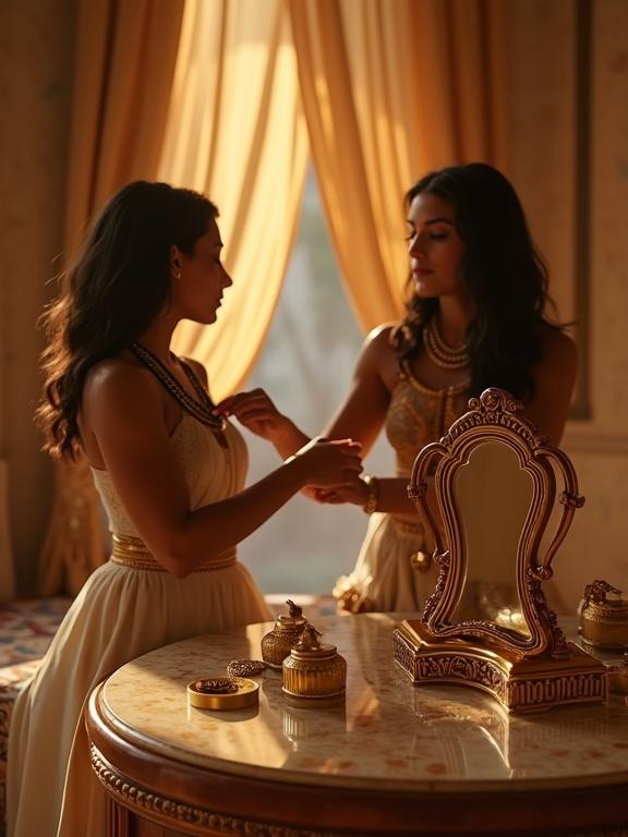 Seated upright on a cushioned bench in an Egyptian dressing chamber. Extended arms with hands visible as a servant slides golden bangles over wrists. Another servant places a necklace around the neck, tying it behind the head. Polished copper mirror on a carved ivory table reflects face, lit by golden morning light. Perfume jars and gold adornments scattered across the table. Silk curtains ripple in the breeze. First-person immersive view in a VR game style.