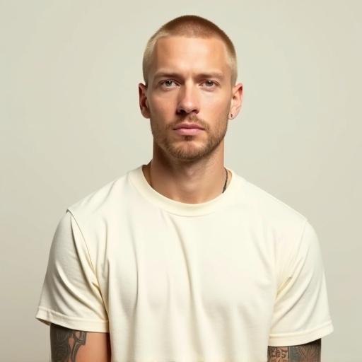 High resolution photorealistic portrait of a male with short hair wearing a cream T-shirt. Subject is centered, visible from head to below the chest. Frontal view, clean-shaven face, no tattoos, neutral expression. Well-lit with soft lighting. Sharp details, realistic skin tones, simple background.