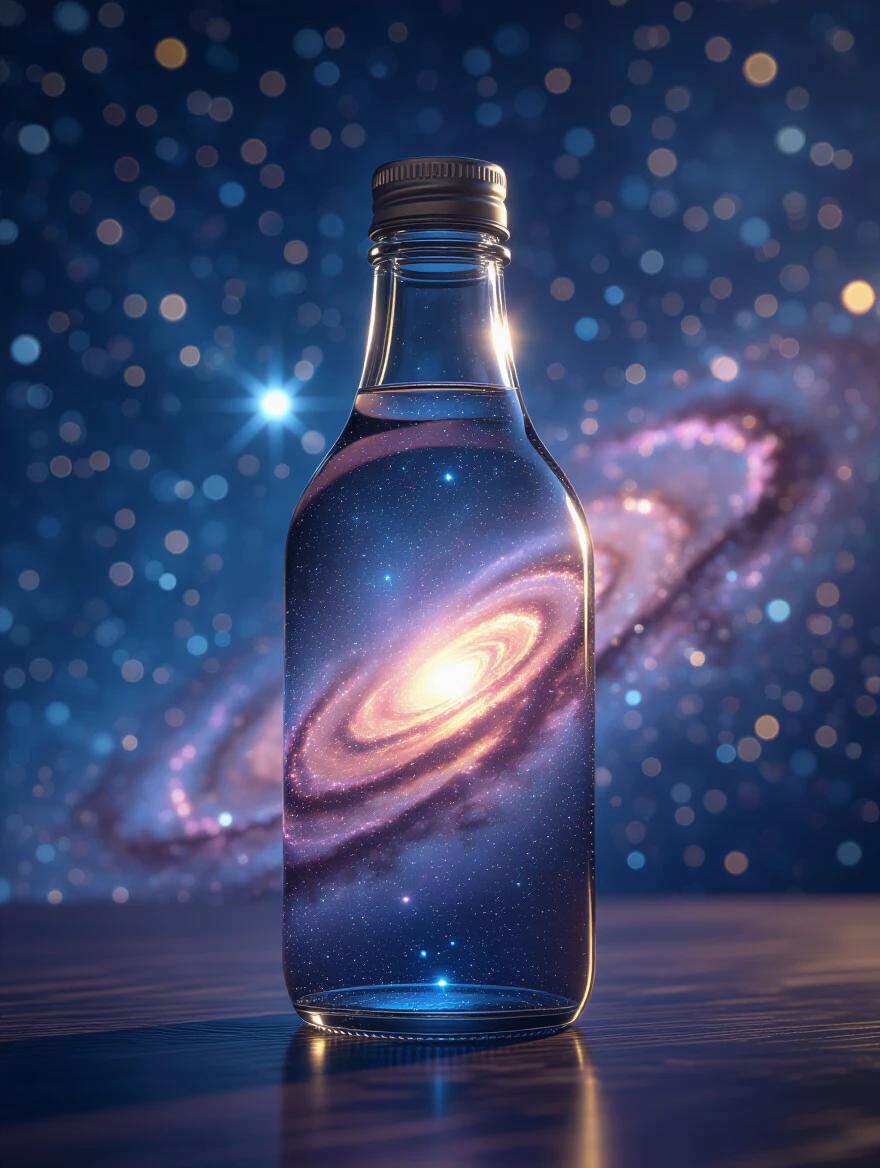 Glass bottle contains swirling galaxy. Background features bokeh stars. Image created in a high resolution. Artistic rendering of cosmic elements in a bottle.