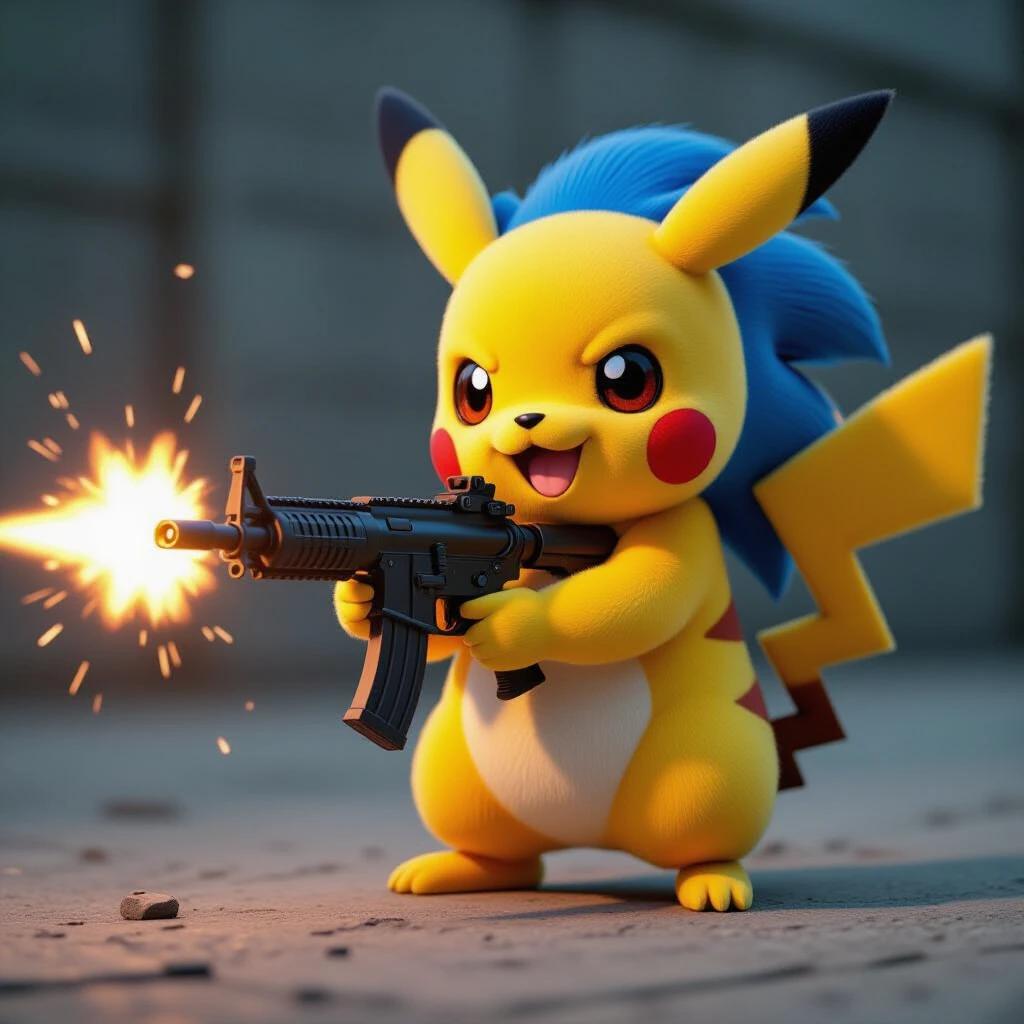 Pikachu is depicted as a cartoon character. Pikachu has blue spiked hair. Pikachu holds an AK-47 up with enthusiasm. Sparks fly from the weapon indicating action. Background is industrial with a sense of movement.
