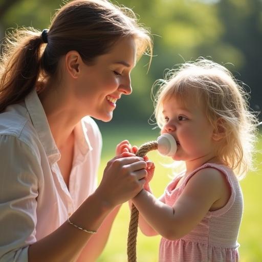 A mother playfully tying her daughter's hands with a rope. The daughter is holding an oversized pacifier. The scene captures playful interaction between them on a bright sunny day.