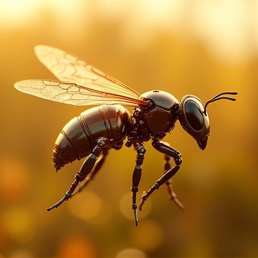 Highly detailed mechanical insect resembling a wasp or bee, Intricate wing patterns and metallic legs, Sleek engineered body, Floating against blurred golden background, Combination of nature and technology evokes wonder and innovation.
