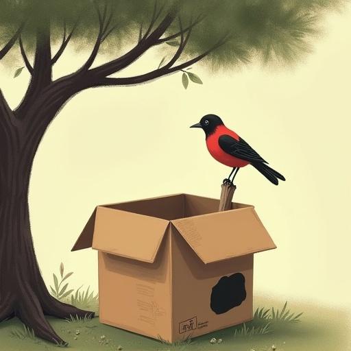 An empty carton box with no lid is positioned under the branch of a tree. A black spot is visible on the box. A small stick is placed inside the box. A bird with black and red feathers sits on the stick.