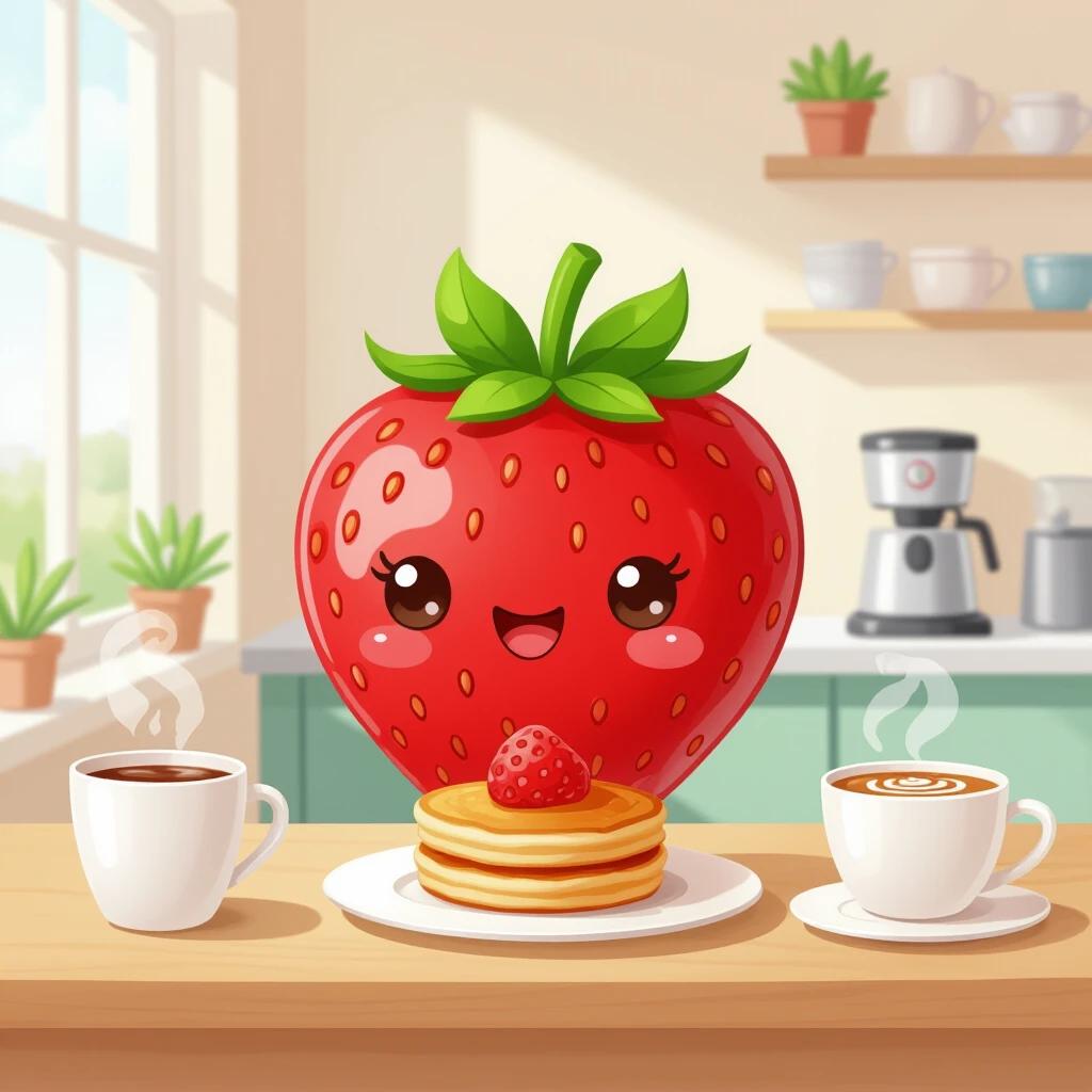 Happy cartoon strawberry character. Strawberry is plump and cute. Preparing mini pancakes in a café style kitchen. Soft colors and cheerful atmosphere.