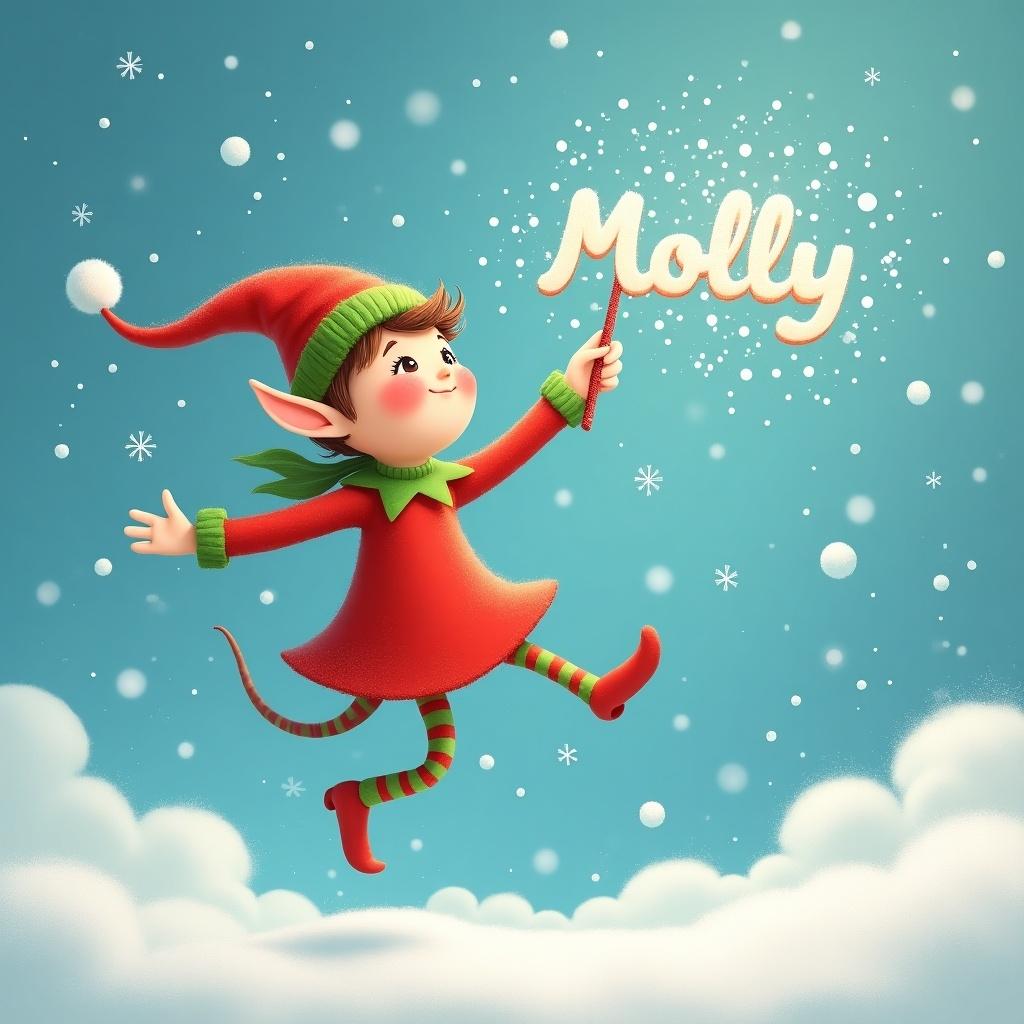 The image showcases a delightful elf capturing the essence of holiday spirit. Dressed in vibrant red and green, the elf dances joyfully against a snowy backdrop. With a whimsical wand, the elf writes the name 'Molly' in the snowy sky, creating a sense of magic and wonder. Surrounding the elf, soft clouds and falling snowflakes add to the enchanting atmosphere. This cheerful scene evokes feelings of joy and excitement associated with the festive season.