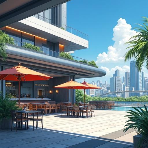 Anime depiction of a super futuristic luxurious bar. Oversized and modern design. Set in Tokyo. Sunlit summer morning. Outdoor seating with umbrellas. Surrounded by lush greenery and city skyline.