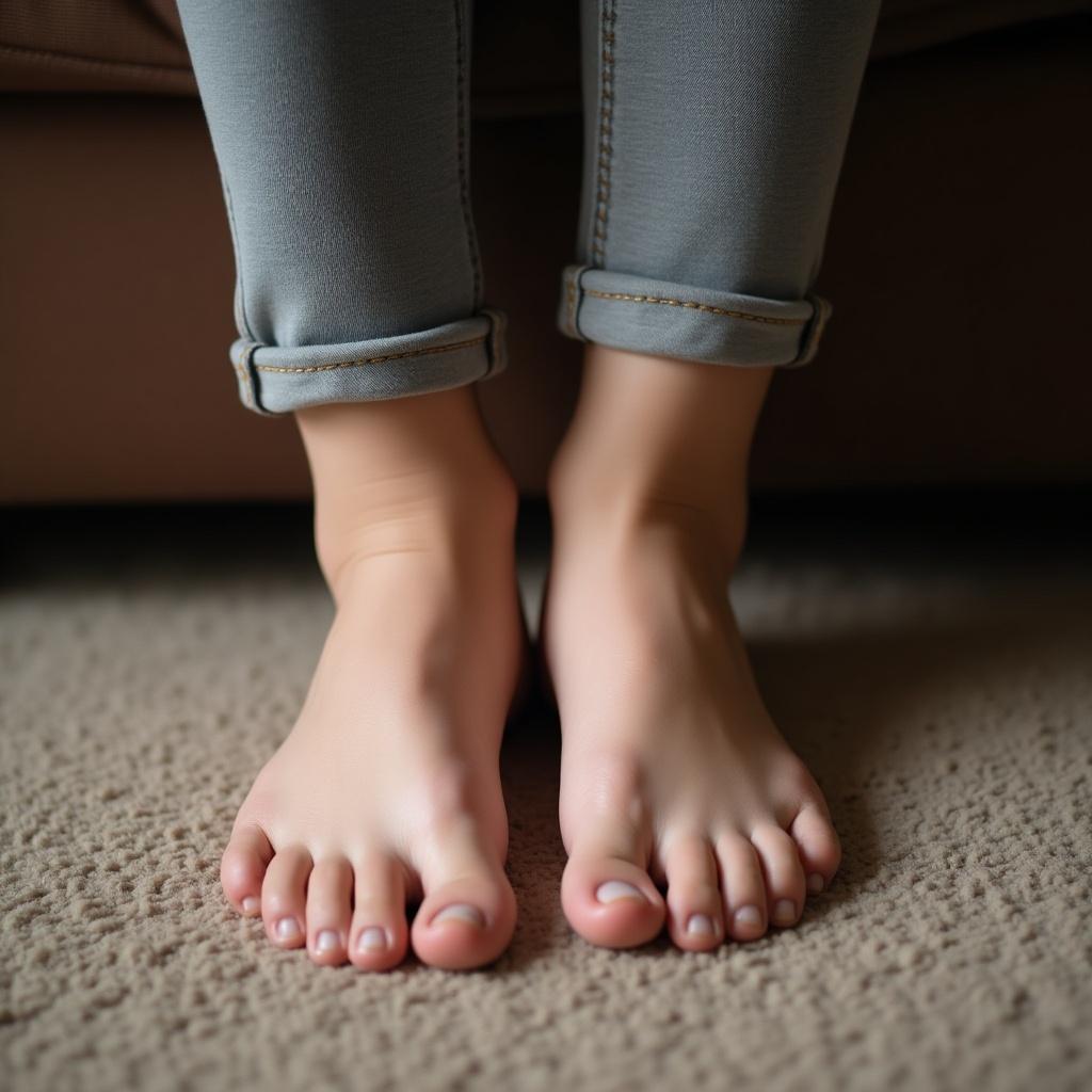 Feet are positioned on a soft carpet. A teenage boy wears comfortable leggings with rolled cuffs. An anklet adorns one ankle. The image captures a casual and relaxed atmosphere.