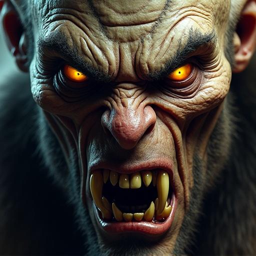 Close-up of a male orc with wrinkles and yellow eyes. Huge fangs visible. Captured with soft diffuse lighting and smooth shading. Reflects high-quality comic book style.