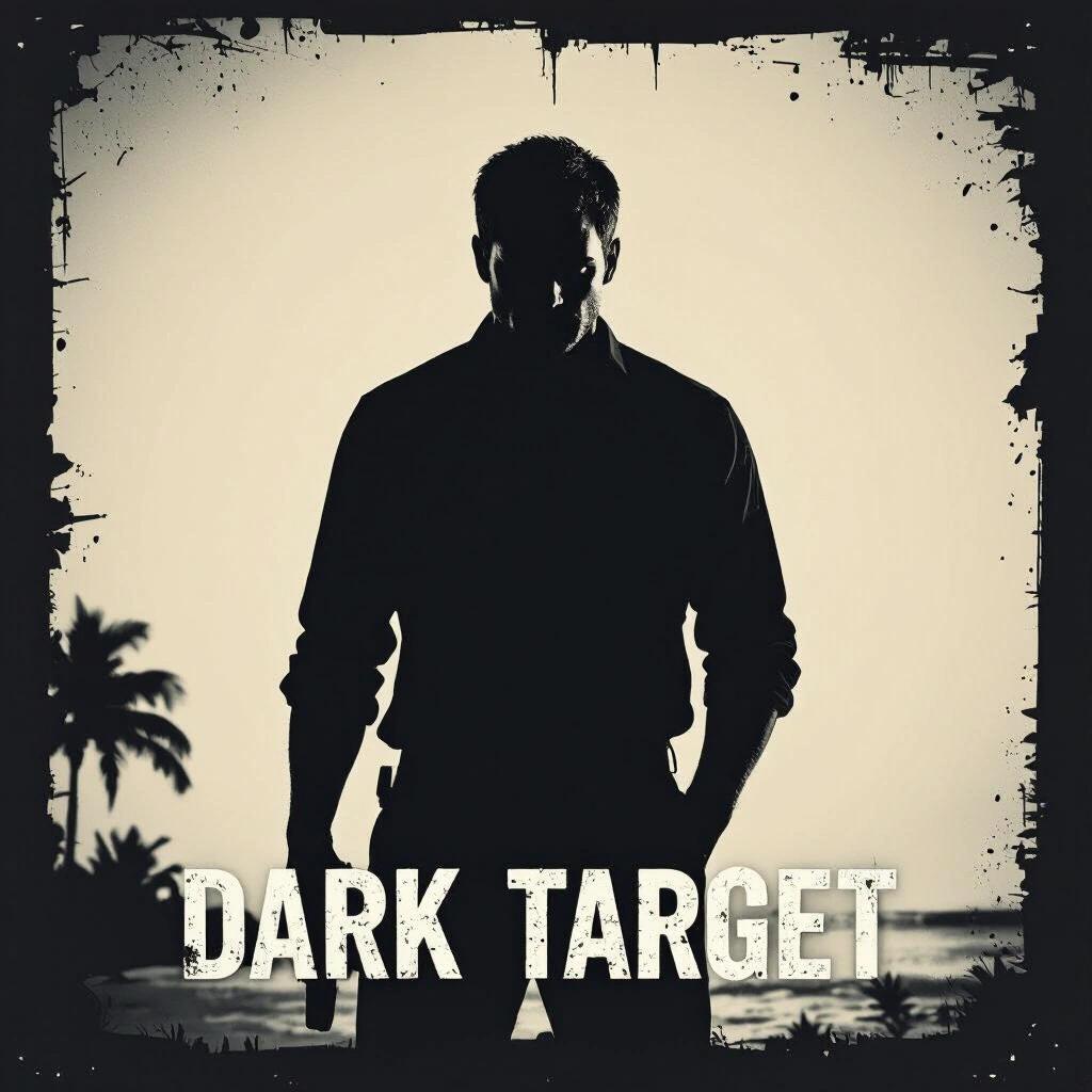 dark raw photo. very dark silhouette dexter themed album cover. night. miami with this text : Dark Target