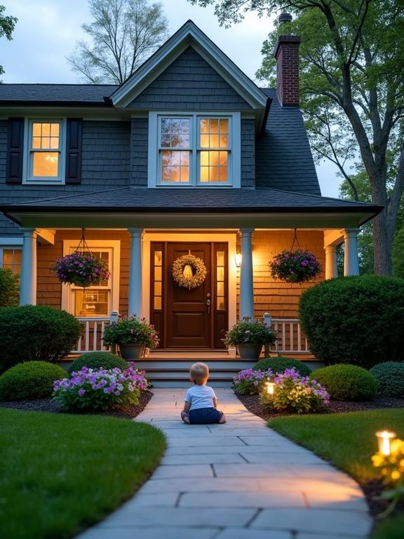 A toddler sits on a light gray stone walkway in front of a two-story house. The house has dark gray wood shingle siding on the upper level and lighter gray on the lower level. A dark brown front door with a wreath is under the porch. The house is illuminated warmly from within. Colorful flower baskets hang on the porch. The walkway leads through green lawns and flowers, with small lights illuminating the path. Mature trees frame the house beneath a soft blue-gray sky.