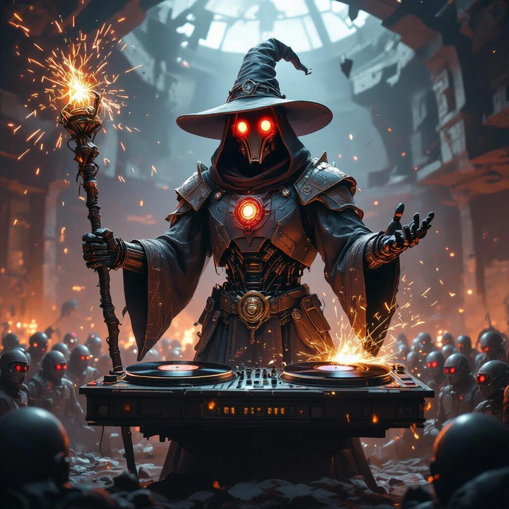 Towering wizard is robotic with glowing red eyes. The wizard wears mechanical robes. Wizard spins ancient vinyls on floating turntable. Sparks of arcane electricity crackle from the staff. Crowd of hypnotized cyber-minions watches. Background features a ruined nightclub inside a collapsing star.