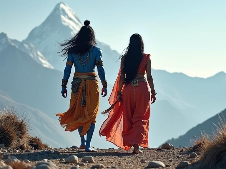 Divine couple depicted walking in serene atmosphere on mountains. Lord Shiva in blue attire with traditional markings. Mata Parvati in beautiful Rani attire, both walking side by side.