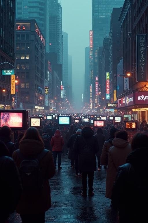 Crowd on a city street. TVs displaying content. Dystopian ambiance. Saturated dark colors. Light and shadow contrast. Cinematic perspective. Ultra-clear details.