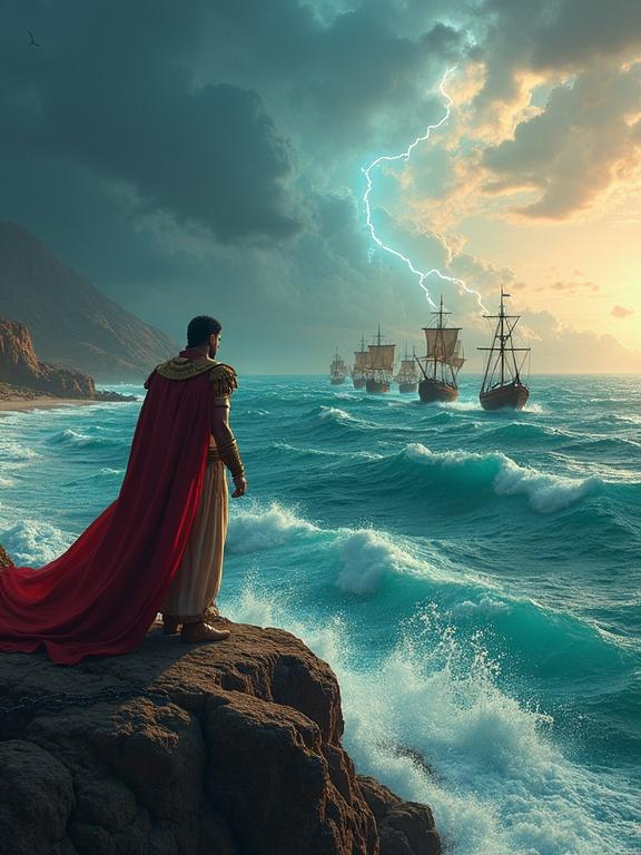Dramatic seascape with Persian warships on the shore, Emperor Xerxes on a cliff with a cape, shouting at the waves. Lightning flashes, depicting his rage against the storm wrecking his navy.