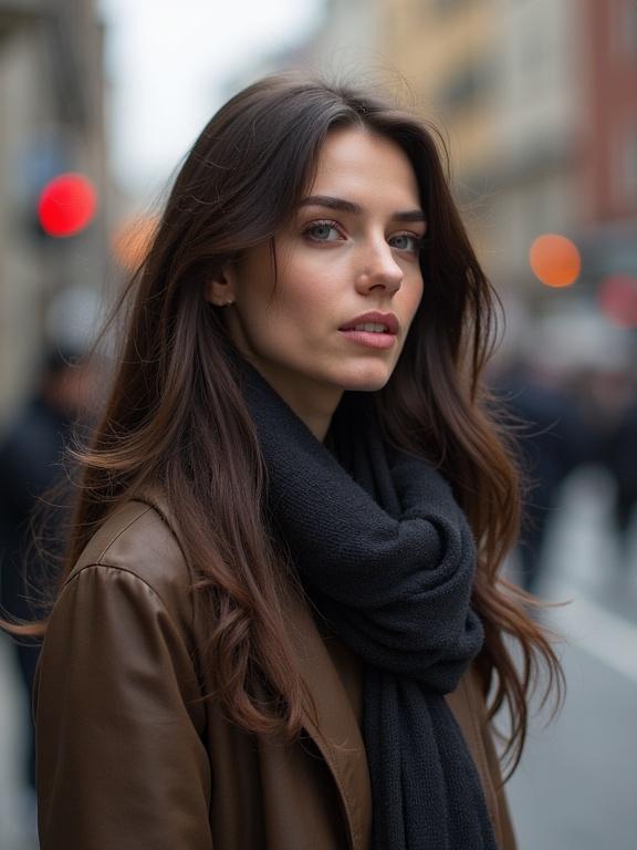 Portrait of a woman with long brown hair wearing a brown leather jacket and a black scarf in an urban setting. She has a soft expression and is surrounded by blurred figures indicating street activity.