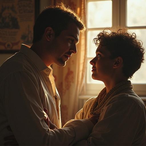 Two people gaze at each other in a soft-lit room. A broken clock in the background shows 3 AM. Their expressions imply a deep emotional connection and the tension of broken rules.