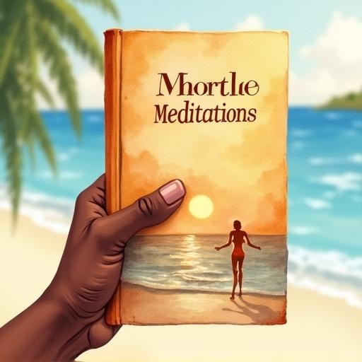 Watercolor illustration of a hand holding a book titled 'Morttle Meditations'. Warm golden hour lighting. Blurry beach in the background. evokes warmth and tranquility.