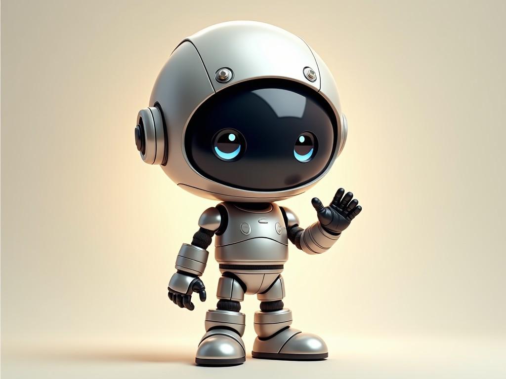 The image depicts a cute, cartoon-style robot wearing a shiny silver spacesuit. The robot is humanoid in shape with an oversized helmet featuring large, expressive eyes. It stands on a neutral background with a slight glow that emphasizes its metallic material. Its outstretched hand suggests a welcoming or curious gesture. The overall appearance conveys a friendly and futuristic vibe, possibly suitable for a children's book or sci-fi theme.