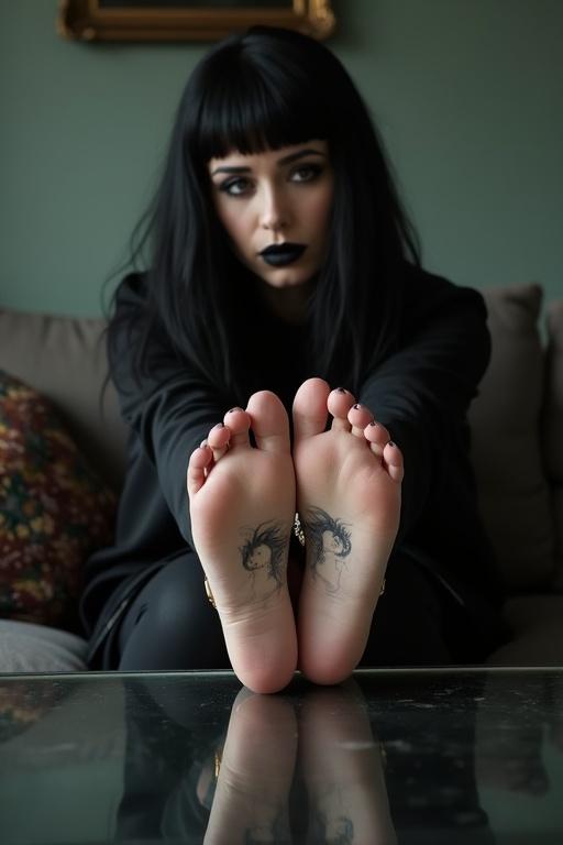 Image features mature goth woman with long black hair wearing black clothes. She shows tattooed soles of bare feet while sitting on a couch. Her feet are positioned on a glass table. Soft light illuminates the scene while she expresses deep emotions.