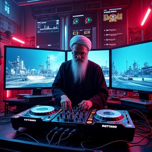 An individual DJ-ing with Pioneer CDJ 3000 in a high-tech military command center. Multiple LED LCD monitors display complex data. Surroundings include advanced military technology and vibrant neon lighting. View is from a front side angle focusing on the DJ.