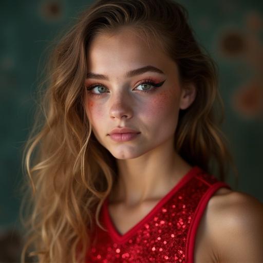 High school cheerleader wearing red sparkly crop top with makeup stains. Features thick eye shadow, eyeliner, large eyes, and small nose. Captured in soft, volumetric lighting in cowboy shot style.