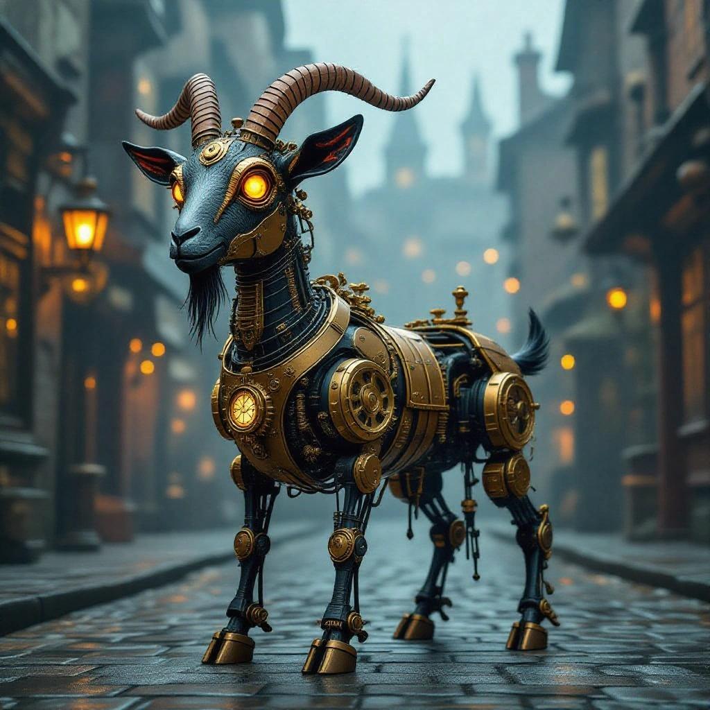 Highly detailed illustration of a mechanical goat. Style is steampunk. Features brass and copper gears with intricate clockwork. Includes leather straps with glowing amber eyes. Body made of polished metal plates. Visible pistons and steam vents. Set on a cobblestone street in a foggy Victorian city with pipes, smokestacks, and gas lamps. Dramatic lighting showcases textures of metal.