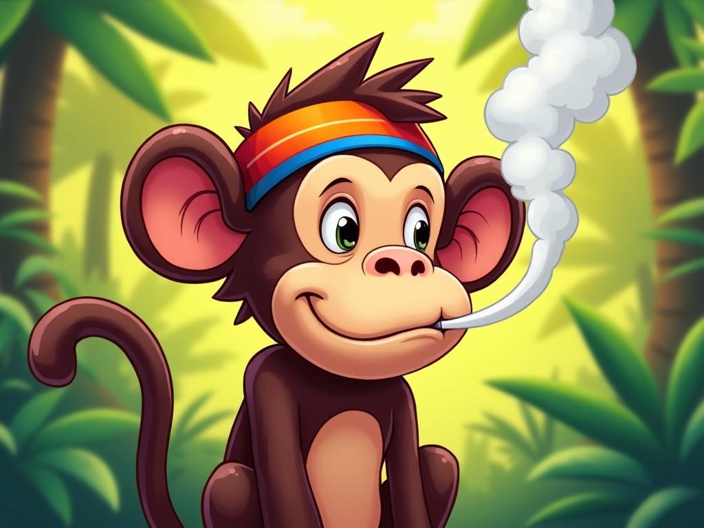 a cartoon monkey with a headband in a jungle setting, smiling