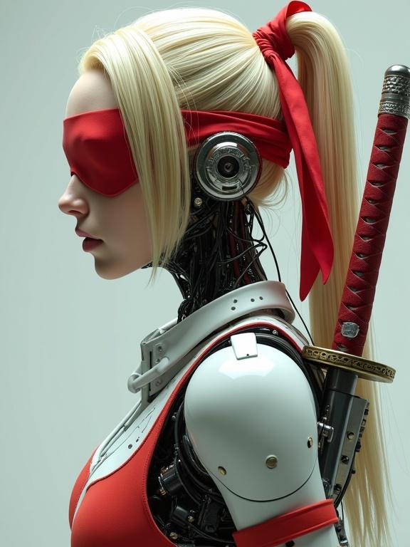 Cyborg woman with blonde hair tied in a ponytail with a red ribbon. She wears a red blindfold and looks to the left. Mechanical parts are visible on her face, neck, and shoulder. She holds a samurai sword with a red and white handle. Background is grey. The art style is cyberpunk.