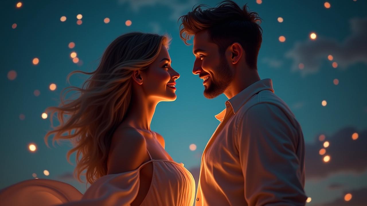 a romantic scene featuring a couple gazing into each other's eyes under a night sky filled with glowing lights, soft warm lighting, dreamy atmosphere