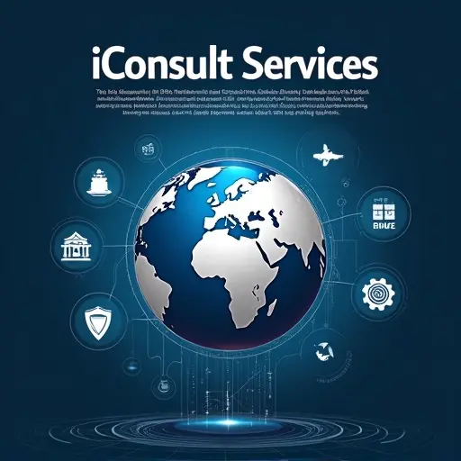 Design a professional poster for consultancy services. Center a globe highlighting regions of interest. Include dynamic pathways symbolizing collaboration. Add abstract icons for services like talent acquisition, HR compliance, procurement, and global expansion. The title is 'iConsult Services: Strategic Consultancy for Global Business Excellence'. Include subtext for specific services and a tagline promoting partnership. Use a corporate color palette and minimalist style.