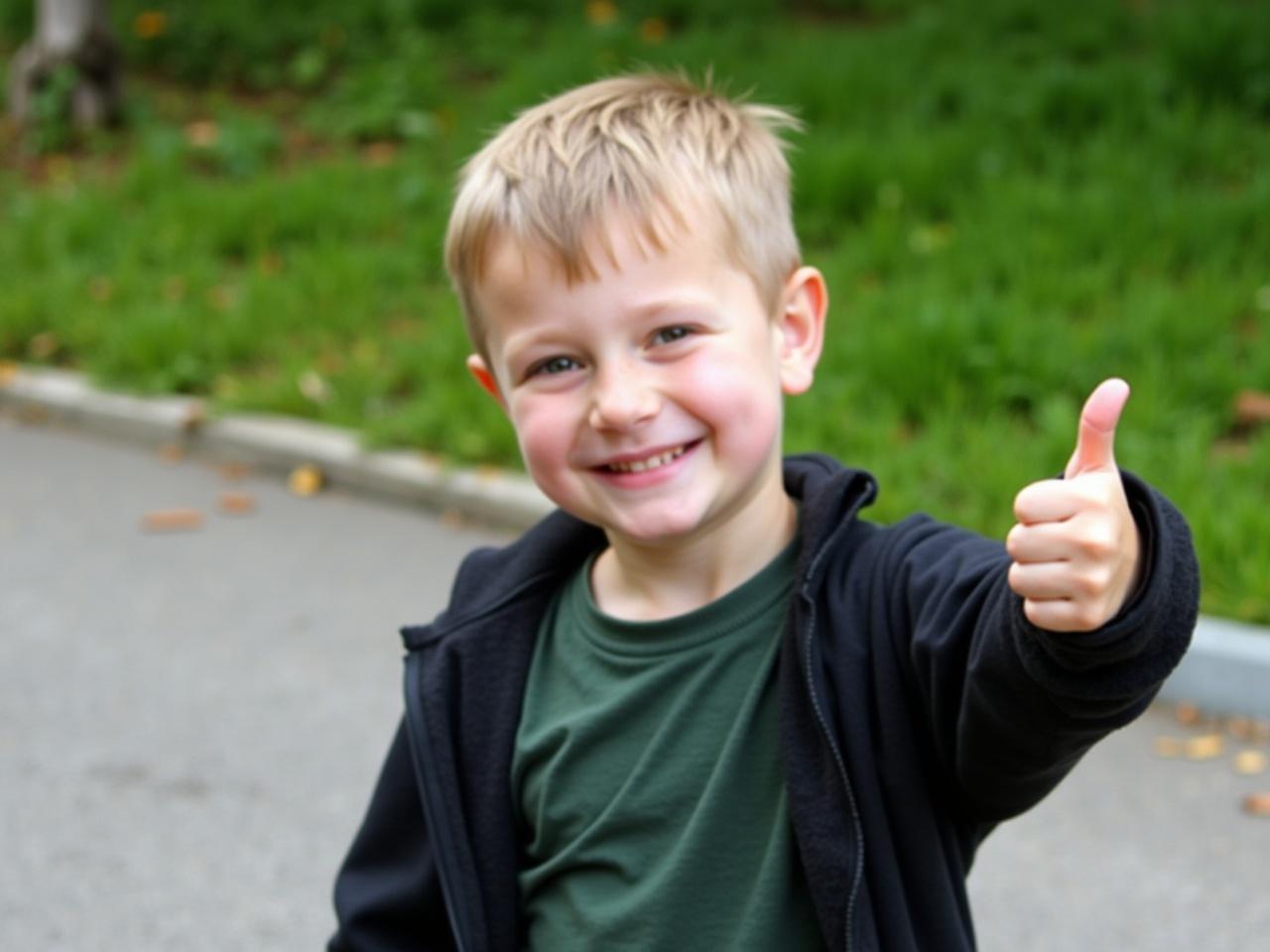 A young person is giving a thumbs-up gesture with their right hand while standing outdoors. They are wearing a dark green t-shirt layered under a zip-up black jacket. The background shows greenery and part of a pavement, indicating a casual outdoor setting. The child has short, light-colored hair, and the mood appears to be cheerful and positive. The scene suggests an outdoor activity or a moment of celebration.