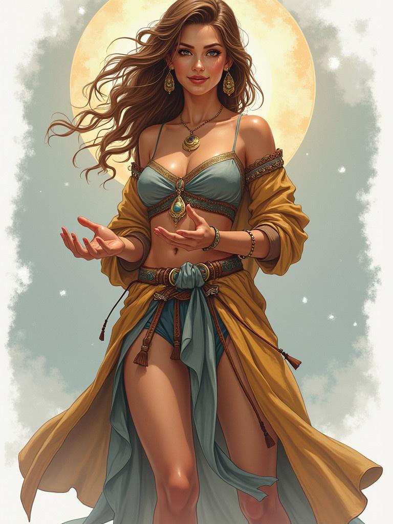 A beautifully dressed elegant woman stands gracefully. She wears a stunning outfit of turquoise and gold. Her jewelry sparkles in the soft lighting. The background features a large glowing moon. The figure exudes confidence and charm.