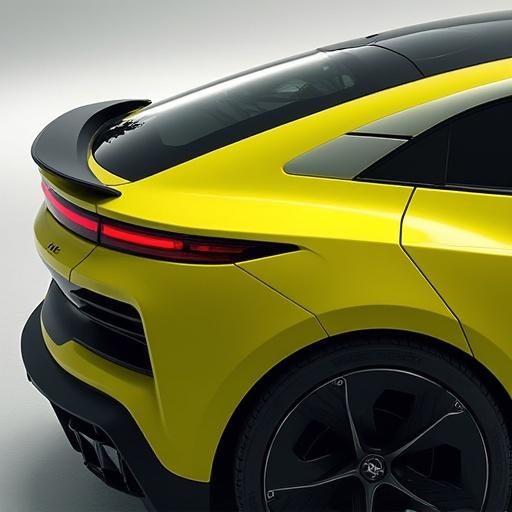 A close-up view of the rear design of the 2025 Lumen DRIFT car. The car is painted in Voltage Yellow with black accents. The sequential turn signals are visible, designed to look like electric current arcs. The rear features a sleek design with integrated Airblade Spoiler over the back glass, showcasing its aerodynamic properties. The shot captures the short overhangs and modern styling of the vehicle.