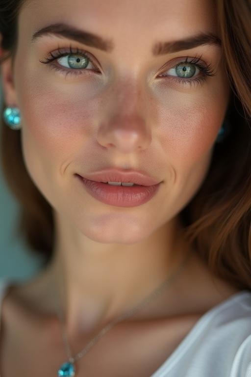 Close-up portrait of a model showcasing aquamarine jewelry. The model has striking blue eyes and soft makeup. The focus is on the model's face and jewelry, with a gentle natural light enhancing the features.