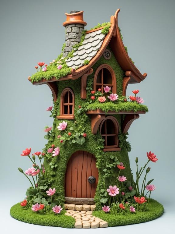3D printed fairy house tower with colorful flowers on green moss. A whimsical design featuring a wooden door and stone chimney. Brightly decorated and visually appealing.