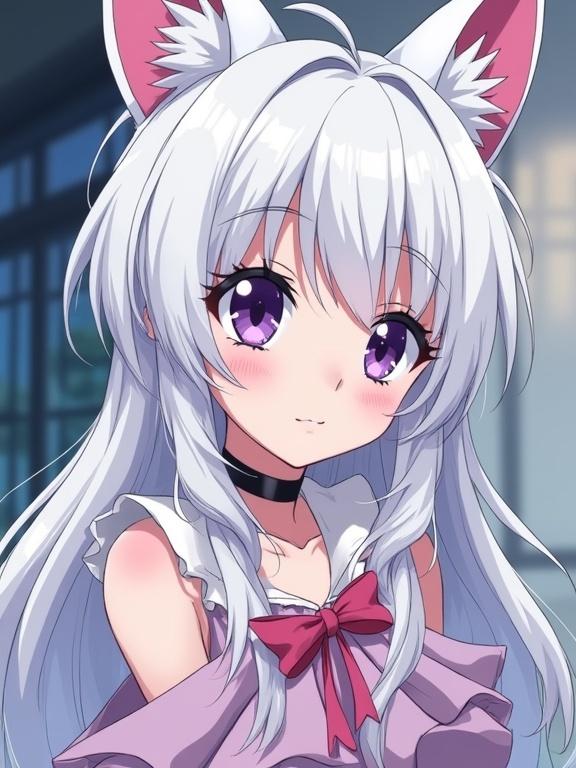 90s anime style white-haired woman with violet eyes white skin Kitsune fox-inspired makeup