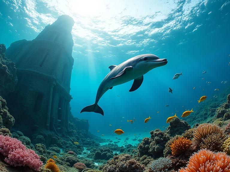 A dolphin swims gracefully through turquoise waters. Submerged ruins of Atlantis in the background. Coral reefs filled with colorful fish and vibrant anemones. Bright sunlight filters down through the water surface. Hyper-detailed underwater scene.
