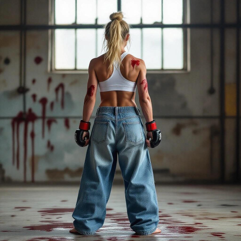 Female MMA fighter in an industrial setting standing back view. Blonde with red blotches on body and clothes. Wearing a white sports bra, baggy jeans, bare feet. Fierce and exhausted pose. Photorealistic details and clean lighting. Red smudges on the floor and walls.