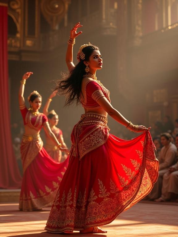 Detailed artwork of a group of Indian dancers performing. They wear vibrant traditional Indian attire, intricate jewelry, and expressive makeup. Poses and gestures reflect elegance of classical dance. Background has soft lighting, ornate decorations, and a hint of an audience. Overall mood is lively and culturally rich. Focus on dancer in red and gold lehenga, arms raised, graceful movement. Background includes palace decor with red curtains and golden light.