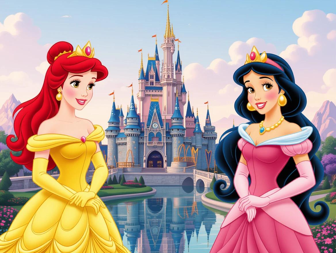 Generates a landscape of Disney princesses using the Disney castle as a reference. The scene is colorful and vibrant. Focus includes a grand castle in the background with a serene lake in the foreground.