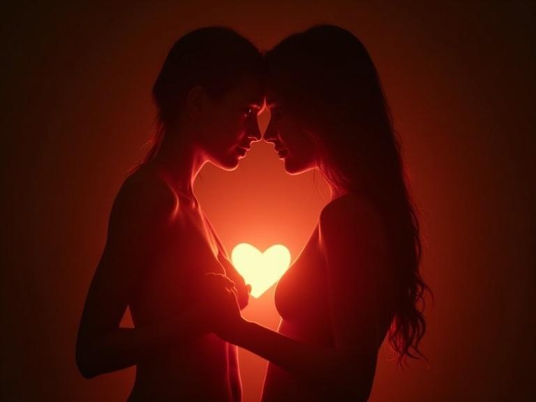 Two women in silhouette forming a heart shape with their bodies against a warm glowing background. The scene captures intimacy and sensuality. Artistic depiction focusing on the female form with a romantic theme.