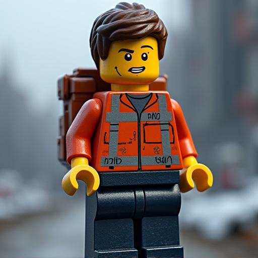LEGO-style avatar resembling a developer. Bright orange shirt, black pants, smiling face. Backpack on the back. Detailed with accessories related to development.