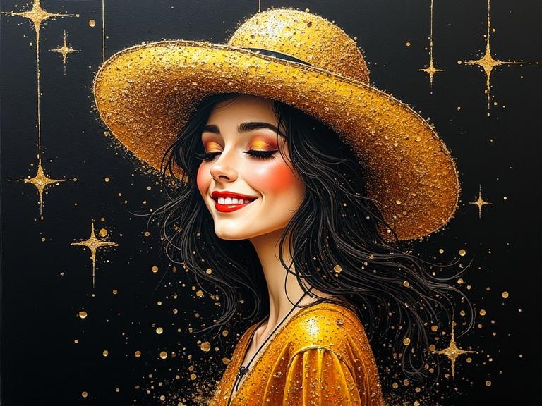 A smiling woman wears a large golden hat reminiscent of a lepiote mushroom. The artwork displays a dripping ink painting style with wet on wet techniques. The background features golden sparkles and stars, creating a diamond-like effect in the sky. Bright colors dominate the composition, especially burnished gold and rust at the edges, all set against a black canvas.