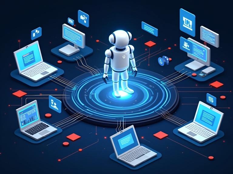 A digital workspace featuring a futuristic AI assistant. Central AI connected to laptops and screens. Visuals represent automated tasks and improved customer relations. Sleek design emphasizes trust and modernity with blue, white, and red colors.