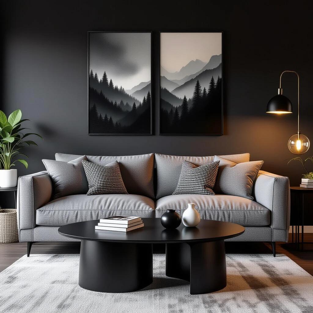 A dark living room featuring a gray sofa with decorative pillows. A round black coffee table in front of the sofa. The walls are painted black with two mountain-themed art pieces. Ambient lighting creates a cozy atmosphere and a plant adds a touch of greenery.
