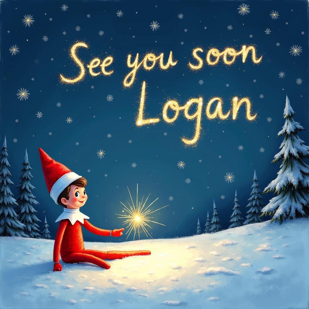 The image features an Elf on the Shelf character sitting in a snowy landscape at night. The elf is wearing traditional red and white attire and gazing at a sparkler in hand. In the starry sky above, the message 'See you soon Logan' is written in sparkling letters. Surrounding the elf are snow-laden trees, adding to the cozy winter atmosphere. The snow glistens under the soft glow of the sparkler, creating a magical scene perfect for the holiday season.