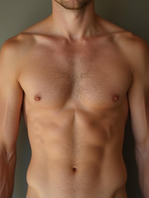 Light blonde chest hair on a tanned male chest. Focus on the upper body with defined muscles and natural skin tone.